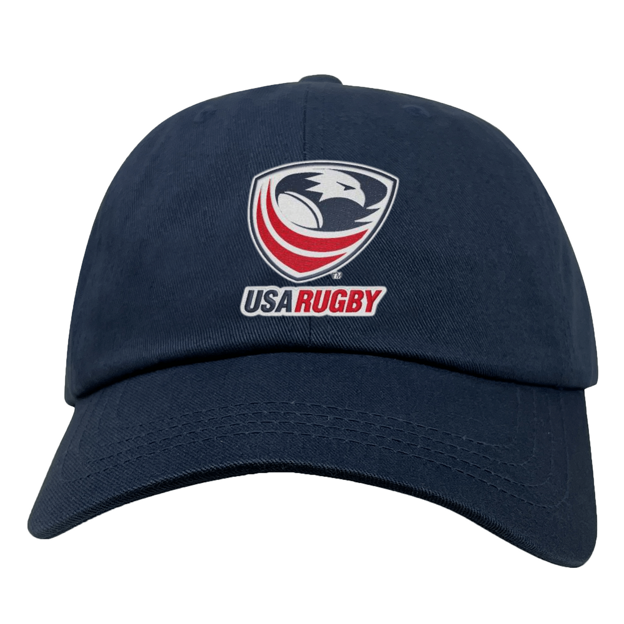Presenting the USA Rugby Dad Cap by EMB Alpha Broder: a navy blue cap displaying the USA Rugby logo with a bold eagle design in red, white, and blue. Ideal for rugby fans eager to back their team with flair.