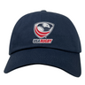 Presenting the USA Rugby Dad Cap by EMB Alpha Broder: a navy blue cap displaying the USA Rugby logo with a bold eagle design in red, white, and blue. Ideal for rugby fans eager to back their team with flair.