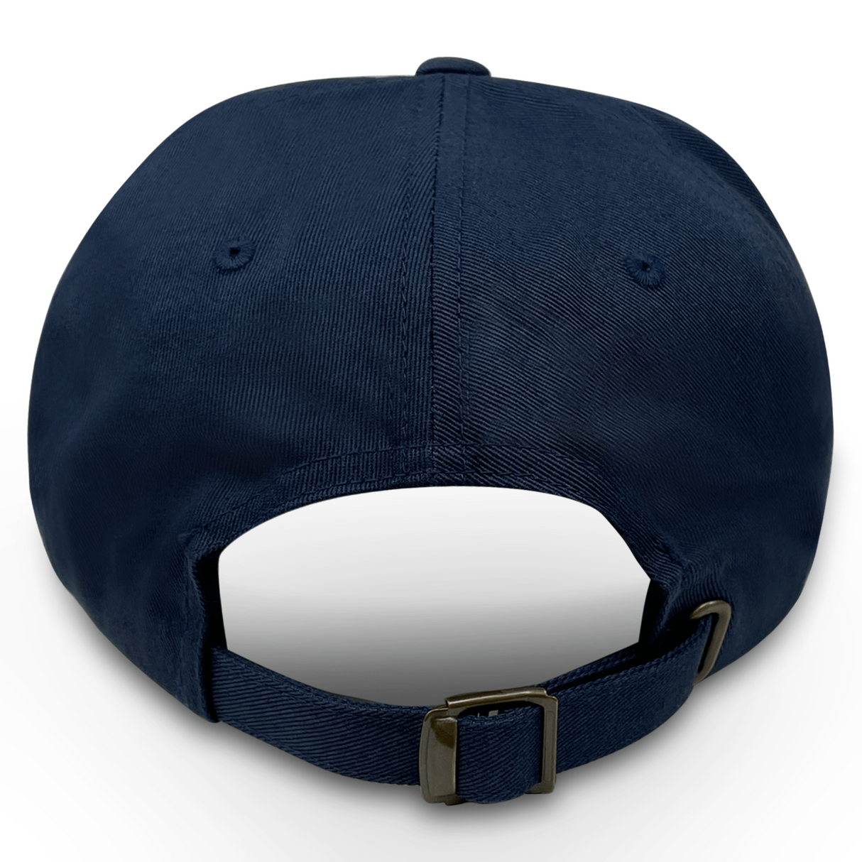 The back view of the USA Rugby Dad Cap by EMB Alpha Broder, in navy blue, highlights an adjustable strap with a metal buckle for sizing.