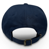 The back view of the USA Rugby Dad Cap by EMB Alpha Broder, in navy blue, highlights an adjustable strap with a metal buckle for sizing.