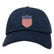 The USA Rugby Original Olympic Dad Cap by EMB S&S Activewear features a shield with stars and red-white stripes—a stylish accessory for rugby fans.