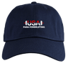 The USA Para Powerlifting Adult Low-Profile Cotton Twill Dad Cap by EMB S&S Activewear features “USA Para Powerlifting” and a barbell graphic in red and white on the navy blue front.