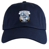 The EMB S&S Activewear Milwaukee Barbarians Rugby Adult Low-Profile Cotton Twill Dad Cap features embroidered team branding with the shield logo, rugby ball, wheat stalks, and MMXII in navy blue.