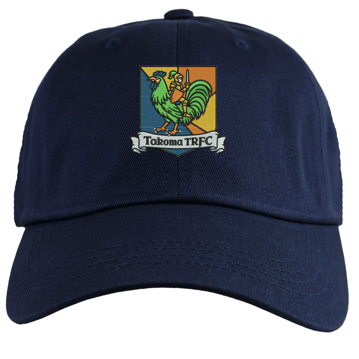 Takoma Touch Rugby Adult Low-Profile Cotton Twill Dad Cap in navy blue cotton twill, featuring an embroidered crest of a green rooster in knight’s armor above a banner reading “Takoma TRFC.”