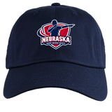 The EMB S&S Activewear Nebraska Rugby Referee Society Adult Low-Profile Cotton Twill Dad Cap features navy blue twill, the Society logo with a referee, and bold embroidered team branding.