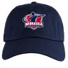 The EMB S&S Activewear Nebraska Rugby Referee Society Adult Low-Profile Cotton Twill Dad Cap features navy blue twill, the Society logo with a referee, and bold embroidered team branding.