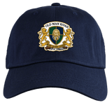 The Old Man Rivah Rugby Adult Low-Profile Cotton Twill Dad Cap by EMB S&S Activewear features a navy blue crest with a lion motif, “Old Man Rivah” and “Mori Quam Cedere” text, plus classic embroidered team branding.