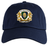 The Old Man Rivah Rugby Adult Low-Profile Cotton Twill Dad Cap by EMB S&S Activewear features a navy blue crest with a lion motif, “Old Man Rivah” and “Mori Quam Cedere” text, plus classic embroidered team branding.