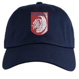 The Montgomery Bucks Griffins Adult Low-Profile Cotton Twill Dad Cap by EMB S&S Activewear features navy cotton twill and a front red and white patch with a stylized lion and “MBRFC” for classic team style.