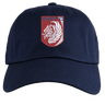 The Montgomery Bucks Griffins Adult Low-Profile Cotton Twill Dad Cap by EMB S&S Activewear features navy cotton twill and a front red and white patch with a stylized lion and “MBRFC” for classic team style.