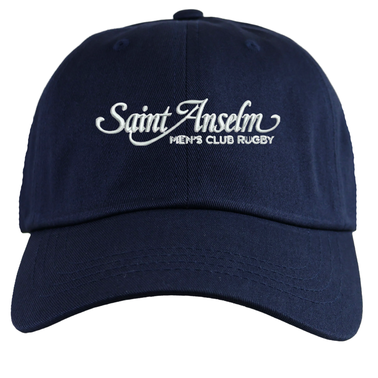 The EMB S&S Activewear Saint Anselm College Club Rugby Adult Low-Profile Cotton Twill Dad Cap is a navy blue hat with "Saint Anselm Men's Club Rugby" embroidered in white on the front.