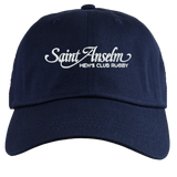 The EMB S&S Activewear Saint Anselm College Club Rugby Adult Low-Profile Cotton Twill Dad Cap is a navy blue hat with "Saint Anselm Men's Club Rugby" embroidered in white on the front.
