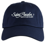 The EMB S&S Activewear Saint Anselm College Club Rugby Adult Low-Profile Cotton Twill Dad Cap is a navy blue hat with "Saint Anselm Men's Club Rugby" embroidered in white on the front.