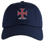 The SF CDME Rugby Adult Low-Profile Cotton Twill Dad Cap by EMB S&S Activewear features a navy blue cotton twill construction and classic dad cap styling, with an embroidered red cross emblem and "CDUL RUGBY" text centered on the front.