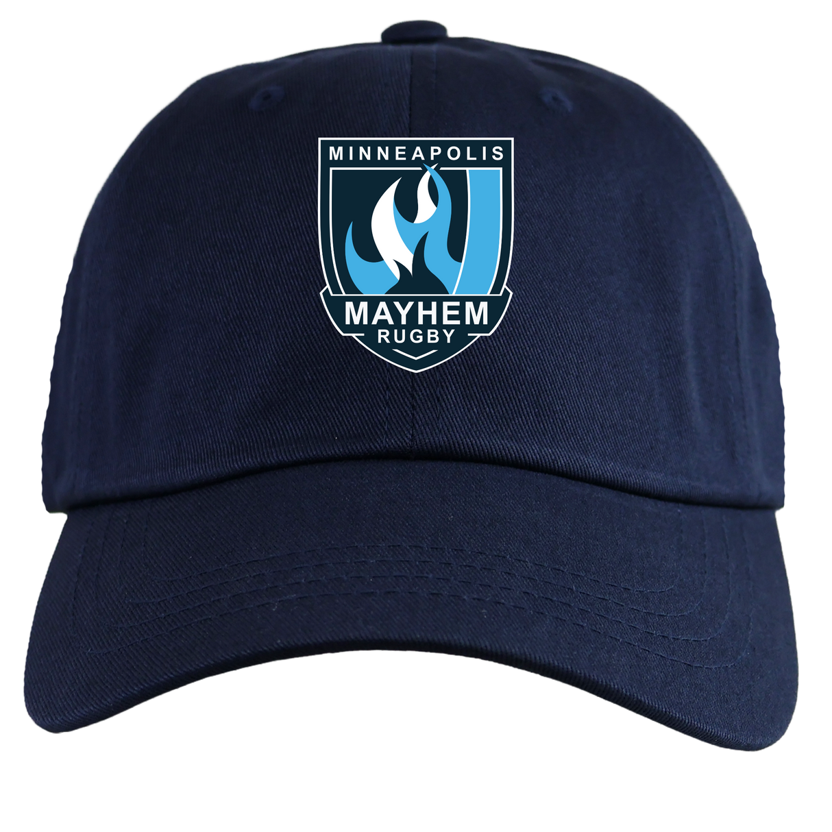 The Minneapolis Mayhem Rugby Adult Low-Profile Cotton Twill Dad Cap by EMB S&S Activewear is made from durable navy blue cotton twill and features the team logo—a stylized flame with text—embroidered on the front.