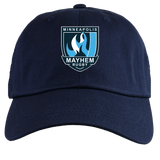 The Minneapolis Mayhem Rugby Adult Low-Profile Cotton Twill Dad Cap by EMB S&S Activewear is made from durable navy blue cotton twill and features the team logo—a stylized flame with text—embroidered on the front.
