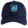 The Minneapolis Mayhem Rugby Adult Low-Profile Cotton Twill Dad Cap by EMB S&S Activewear is made from durable navy blue cotton twill and features the team logo—a stylized flame with text—embroidered on the front.
