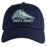 University of New Hampshire Adult Low-Profile Cotton Twill Dad Cap in navy blue featuring an embroidered wildcat logo above grey and white “MEN’S RUGBY” text.