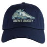 University of New Hampshire Adult Low-Profile Cotton Twill Dad Cap in navy blue featuring an embroidered wildcat logo above grey and white “MEN’S RUGBY” text.