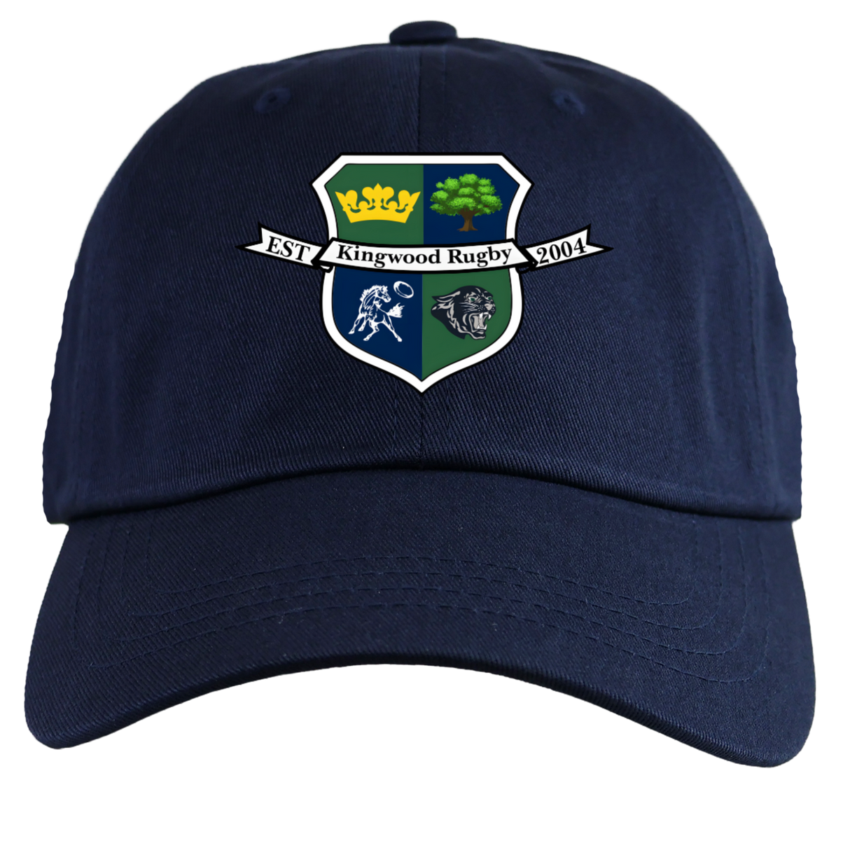 The EMB S&S Activewear Kingwood Rugby Adult Low-Profile Cotton Twill Dad Cap in navy features an embroidered crest with a crown, tree, rugby player, lion, and "EST Kingwood Rugby 2004" text.
