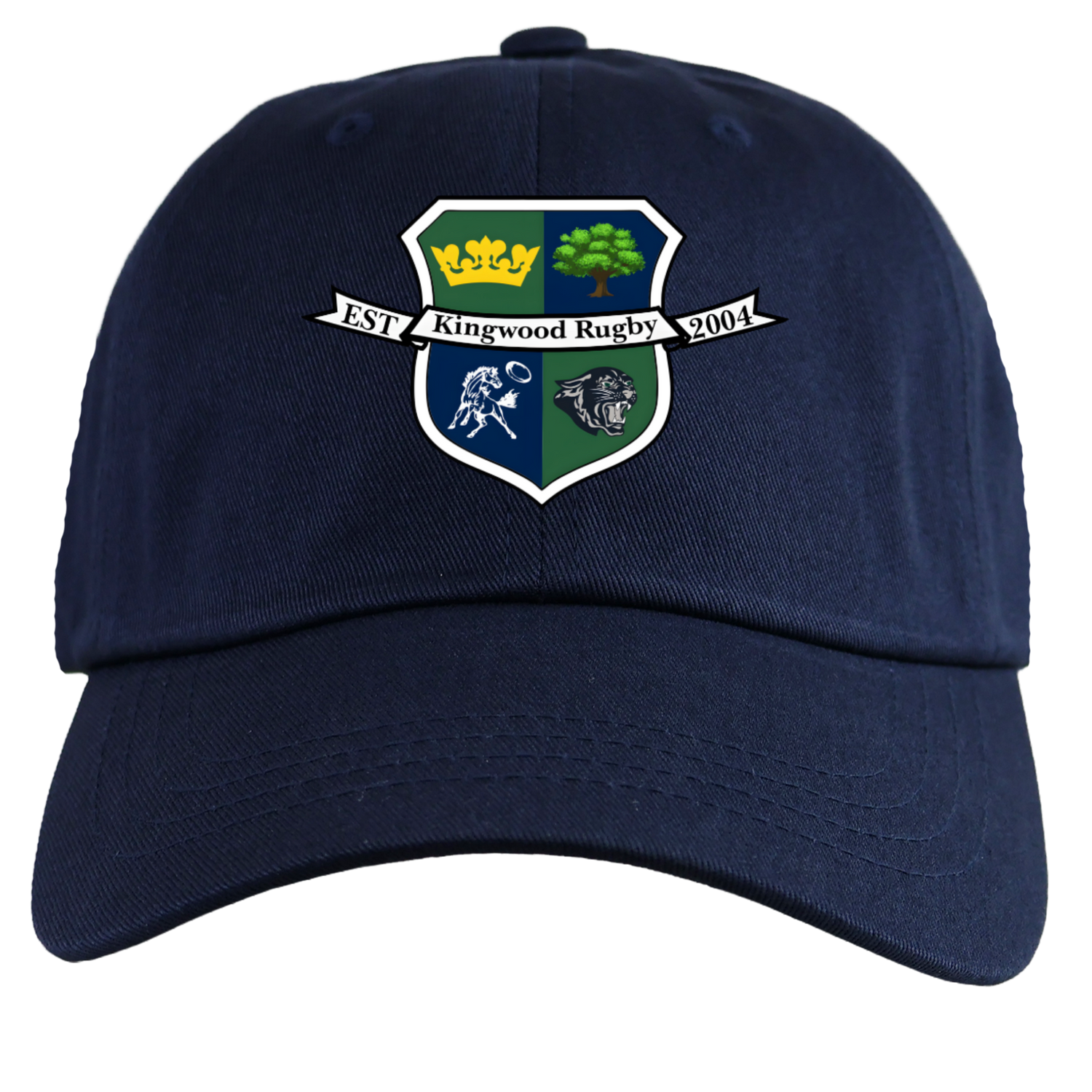 The EMB S&S Activewear Kingwood Rugby Adult Low-Profile Cotton Twill Dad Cap in navy features an embroidered crest with a crown, tree, rugby player, lion, and "EST Kingwood Rugby 2004" text.