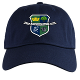 The EMB S&S Activewear Kingwood Rugby Adult Low-Profile Cotton Twill Dad Cap in navy features an embroidered crest with a crown, tree, rugby player, lion, and "EST Kingwood Rugby 2004" text.