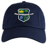 The EMB S&S Activewear Kingwood Rugby Adult Low-Profile Cotton Twill Dad Cap in navy features an embroidered crest with a crown, tree, rugby player, lion, and "EST Kingwood Rugby 2004" text.