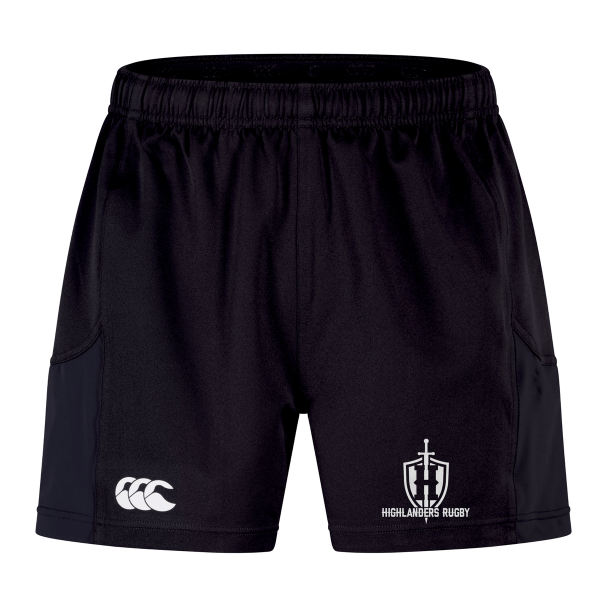The Highlanders Rugby NC Advantage Short 2.0 by EMB Canterbury features a sleek black design with the Highlanders Rugby logo on the right leg and the Canterbury logo on the left leg, making them an ideal choice for those seeking performance shorts in sustainable athletic wear.