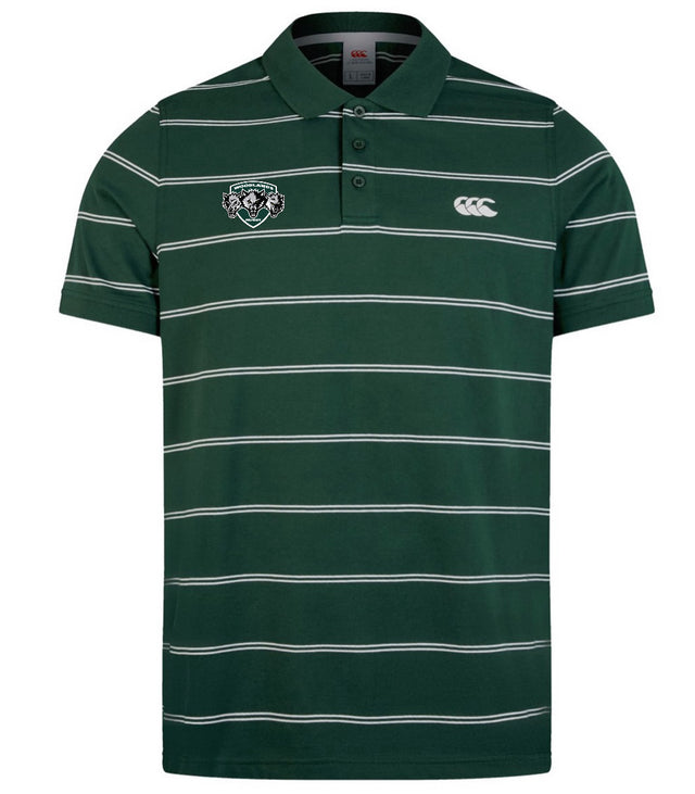 The Woodlands Youth Wolfpack Fundamental Yarn-Dye Stripe Polo by EMB Canterbury features green and white horizontal stripes, two chest embroidered logos, and a classic three-button placket.