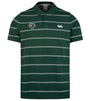 The Woodlands Youth Wolfpack Fundamental Yarn-Dye Stripe Polo by EMB Canterbury features green and white horizontal stripes, two chest embroidered logos, and a classic three-button placket.
