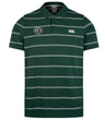 The Woodlands Youth Wolfpack Fundamental Yarn-Dye Stripe Polo by EMB Canterbury features green and white horizontal stripes, two chest embroidered logos, and a classic three-button placket.