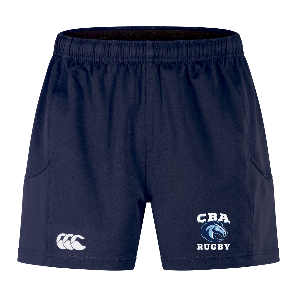 The Christian Brothers Academy Rugby Women's Advantage Short 2.0 by EMB Canterbury are navy blue, featuring "CBA RUGBY" and a logo on the right leg. Made with recycled content, these shorts offer enhanced performance and sustainability, complete with an elastic waistband and two side pockets.