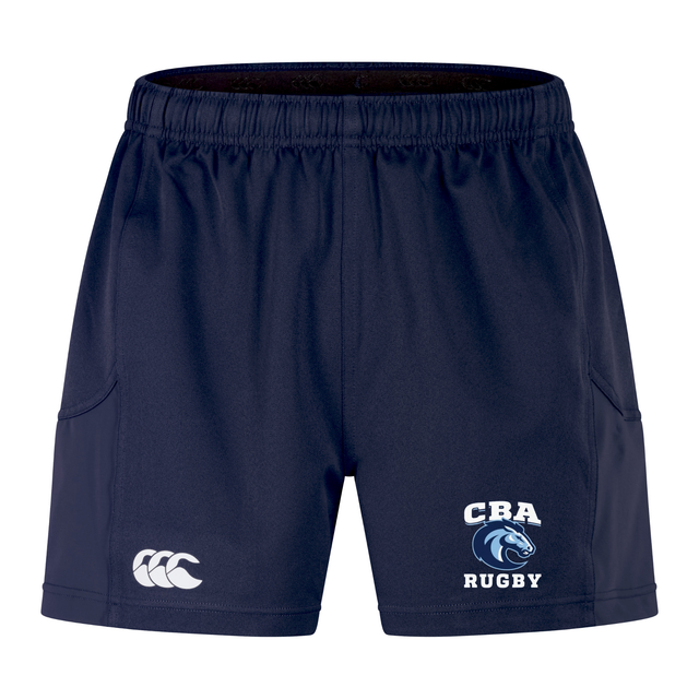 The Christian Brothers Academy Rugby Women's Advantage Short 2.0 by EMB Canterbury are navy blue, featuring "CBA RUGBY" and a logo on the right leg. Made with recycled content, these shorts offer enhanced performance and sustainability, complete with an elastic waistband and two side pockets.