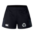 The Missoula All-Maggots Women's Advantage Short 2.0 by EMB Canterbury are black athletic shorts crafted from sustainable materials, displaying a white Canterbury logo on the left leg and a white spiral fern design on the right leg. Shown against a plain white background, these recycled training shorts combine style and performance for your active lifestyle.