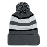 An Hooped Knit Fold Over Pom-Pom Beanie with contrast stripes made by Augusta Sportswear.