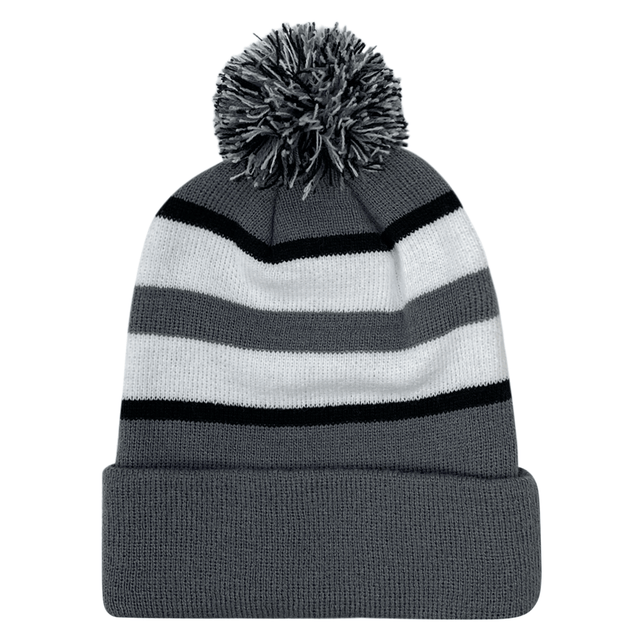 An Hooped Knit Fold Over Pom-Pom Beanie with contrast stripes made by Augusta Sportswear.