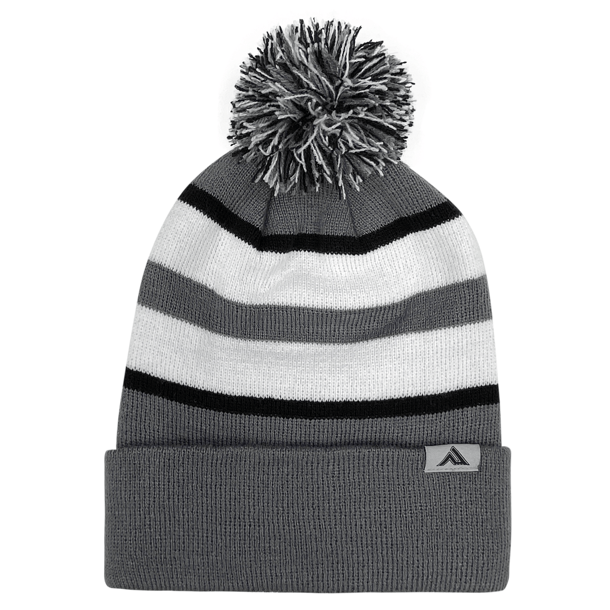 An Augusta Sportswear Hooped Knit Fold Over Pom-Pom Beanie made of acrylic fabric.