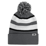 An Augusta Sportswear Hooped Knit Fold Over Pom-Pom Beanie made of acrylic fabric.