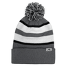 An Augusta Sportswear Hooped Knit Fold Over Pom-Pom Beanie made of acrylic fabric.