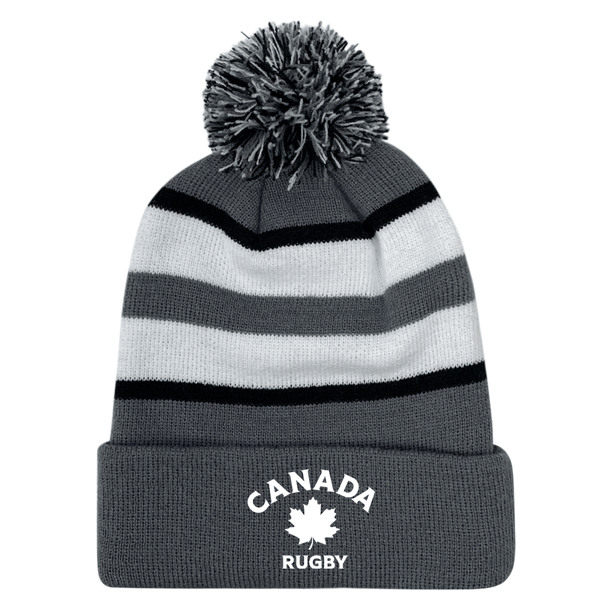 Nations of Rugby Canada Hooped Pom-Pom Beanie from EMB Augusta, featuring Canadian rugby logo.