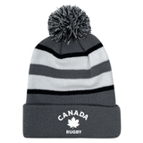 Nations of Rugby Canada Hooped Pom-Pom Beanie from EMB Augusta, featuring Canadian rugby logo.