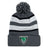 The EMB Augusta Birmingham Vulcans Rugby Hooped Pom-Pom Beanie features gray, black, and white stripes with a team patch on the brim—an embroidered hat perfect for fans since 1967.