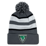 The EMB Augusta Birmingham Vulcans Rugby Hooped Pom-Pom Beanie features gray, black, and white stripes with a team patch on the brim—an embroidered hat perfect for fans since 1967.