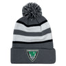 The EMB Augusta Birmingham Vulcans Rugby Hooped Pom-Pom Beanie features gray, black, and white stripes with a team patch on the brim—an embroidered hat perfect for fans since 1967.