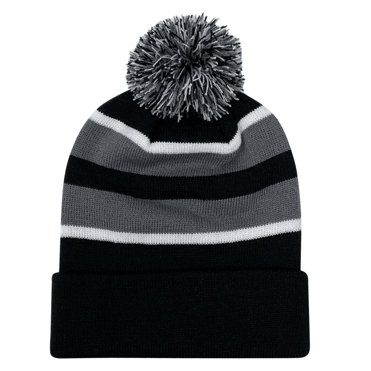 An Augusta Sportswear Hooped Knit Fold Over Pom-Pom Beanie made of acrylic fabric with contrast stripes in black and grey.