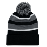 An Augusta Sportswear Hooped Knit Fold Over Pom-Pom Beanie made of acrylic fabric with contrast stripes in black and grey.