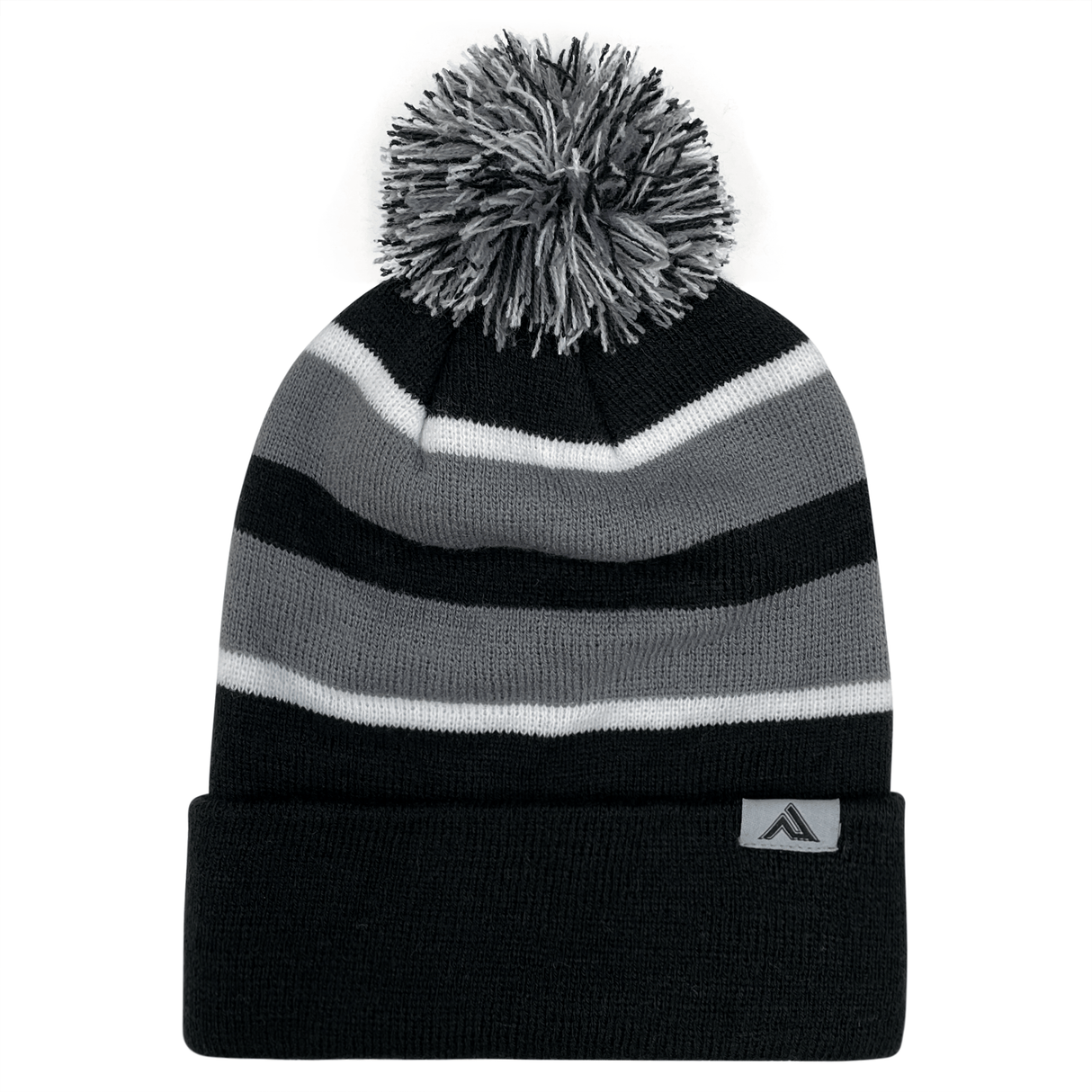 A black and gray contrast striped Hooped Knit Fold Over Pom-Pom Beanie made with acrylic fabric by Augusta Sportswear.