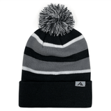 A black and gray contrast striped Hooped Knit Fold Over Pom-Pom Beanie made with acrylic fabric by Augusta Sportswear.
