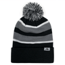 A black and gray contrast striped Hooped Knit Fold Over Pom-Pom Beanie made with acrylic fabric by Augusta Sportswear.