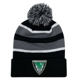 Show your team pride with the EMB Augusta Birmingham Vulcans Rugby Hooped Pom-Pom Beanie, featuring black, gray, and white stripes and an embroidered crest on the front cuff.